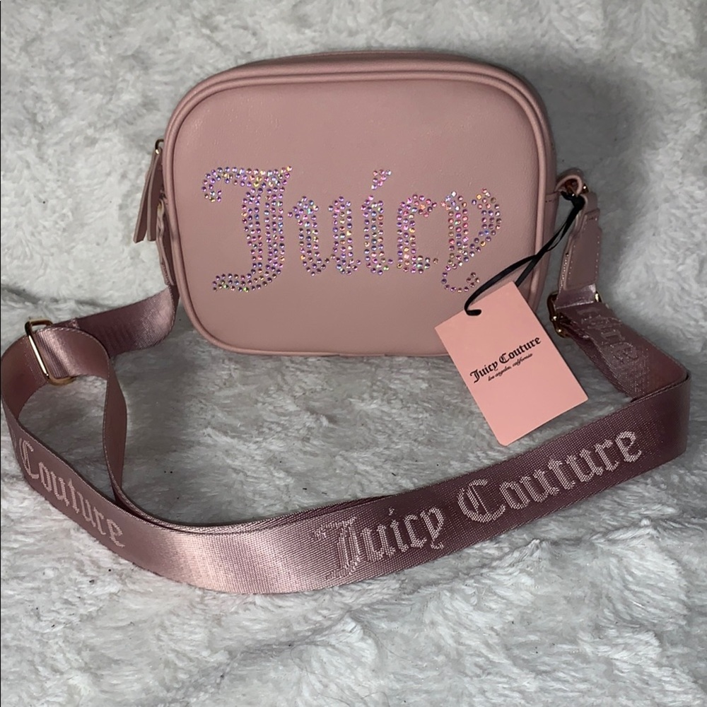 Juicy Couture Pink Crossbody Bag with Sparkly Logo and Metallic Strap